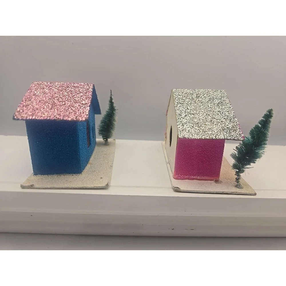 2 Vintage Christmas Putz‎ Houses Church Bottle Brush Tree Blue And Pink